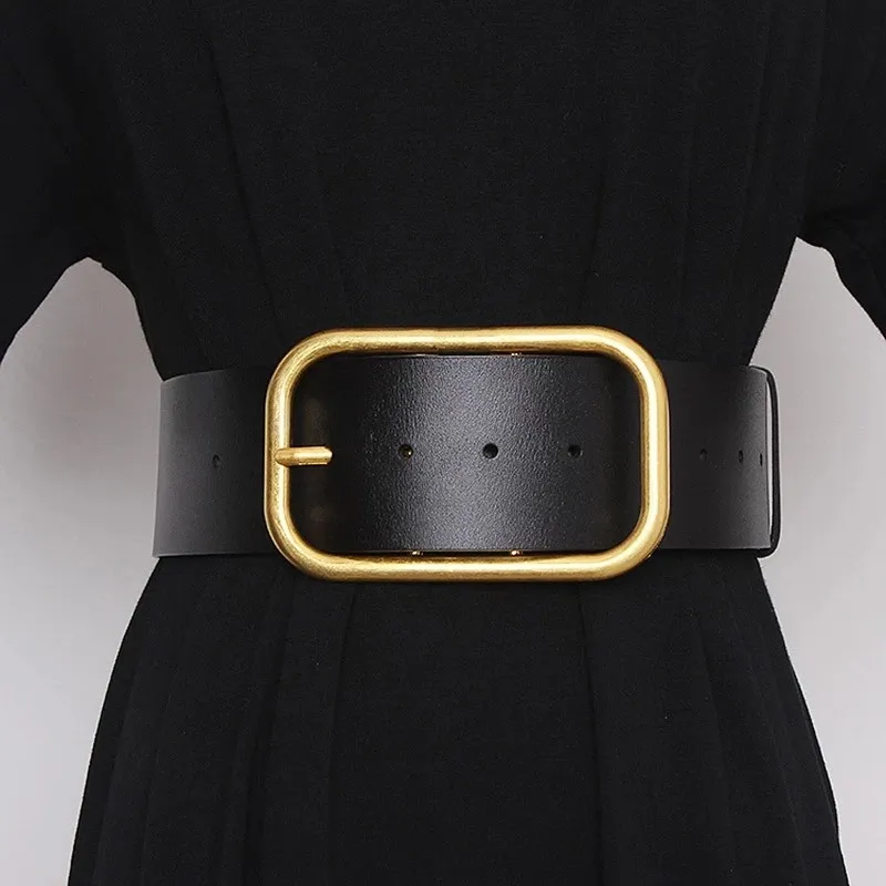 2022, cinturón de diseñador para mujer, 7cm, 70mm de ancho, cuero negro, cinturones de cintura para mujer, hebilla dorada grande
