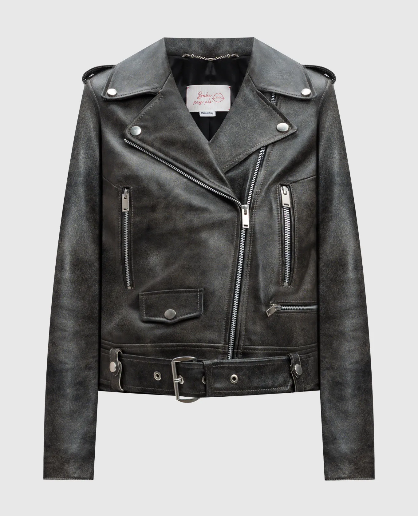 Babe Pay Pls Gray leather jacket with a distressed effect