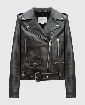 Babe Pay Pls Gray leather jacket with a distressed effect