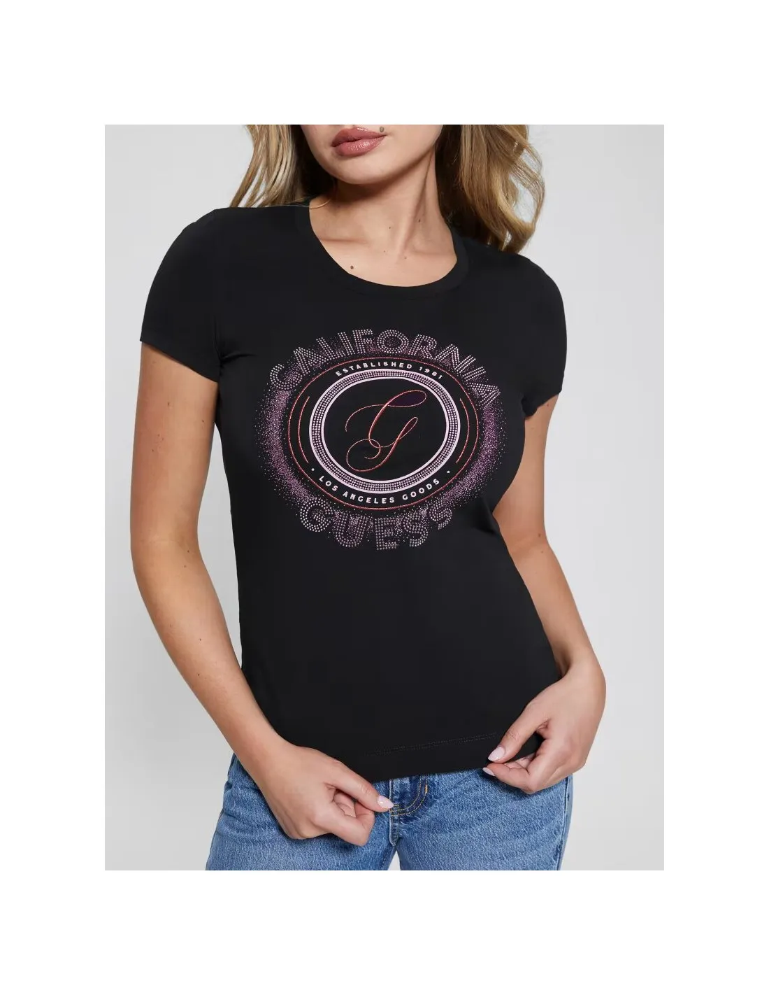 Camiseta elástica con logotipo frontal strass de Guess