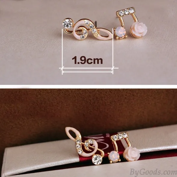 Fashion Unsymmetrical Diamond-bordered Music Notes Solid Flower Shining Women's Earring Studs 
