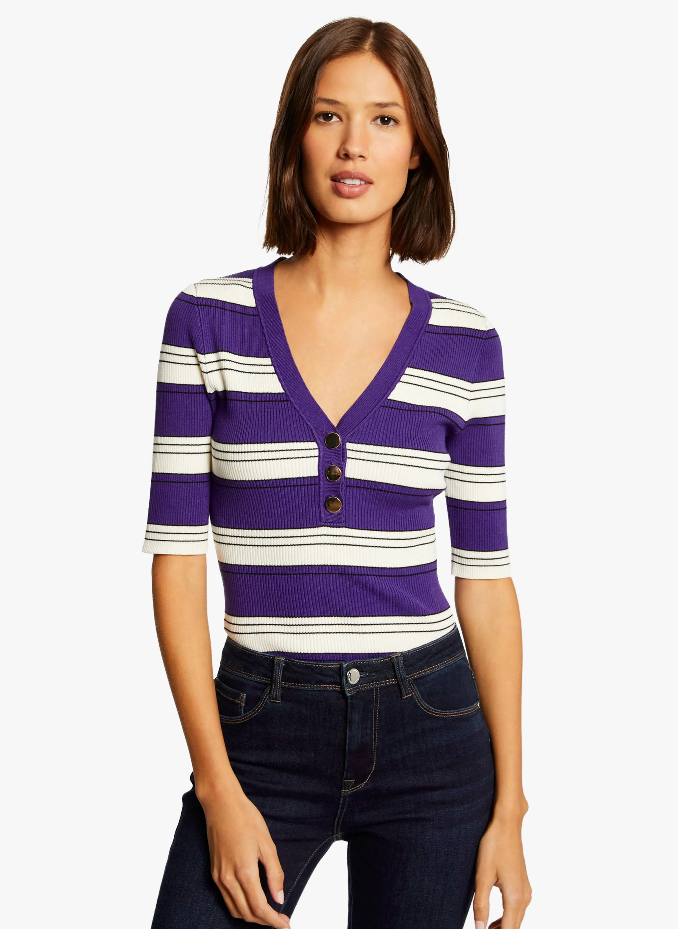 MORGAN MINO - Jersey a rayas con cuello de pico en violeta