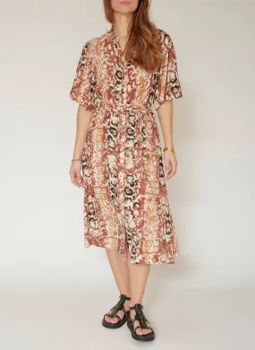 RHESOS - Vestido midi abotonado con cinturón y estampado en blanco