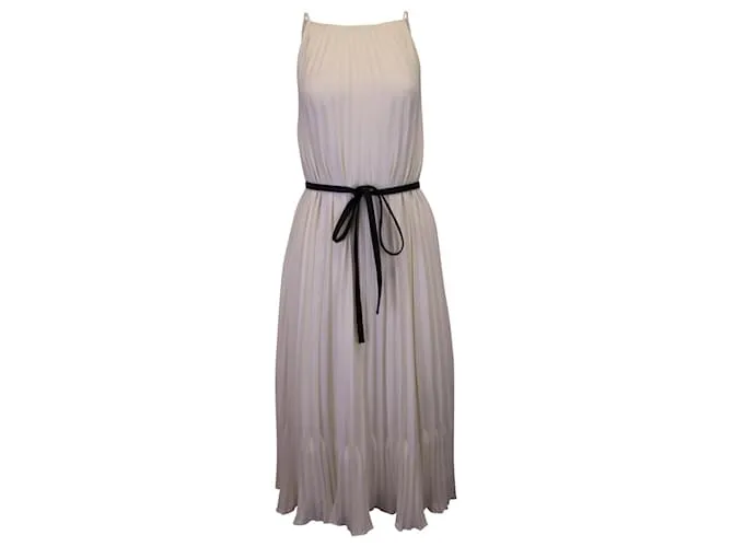 Vestido midi plisado con cinturón de cuero White Label de Proenza Schouler en poliéster color crema Blanco Crudo 